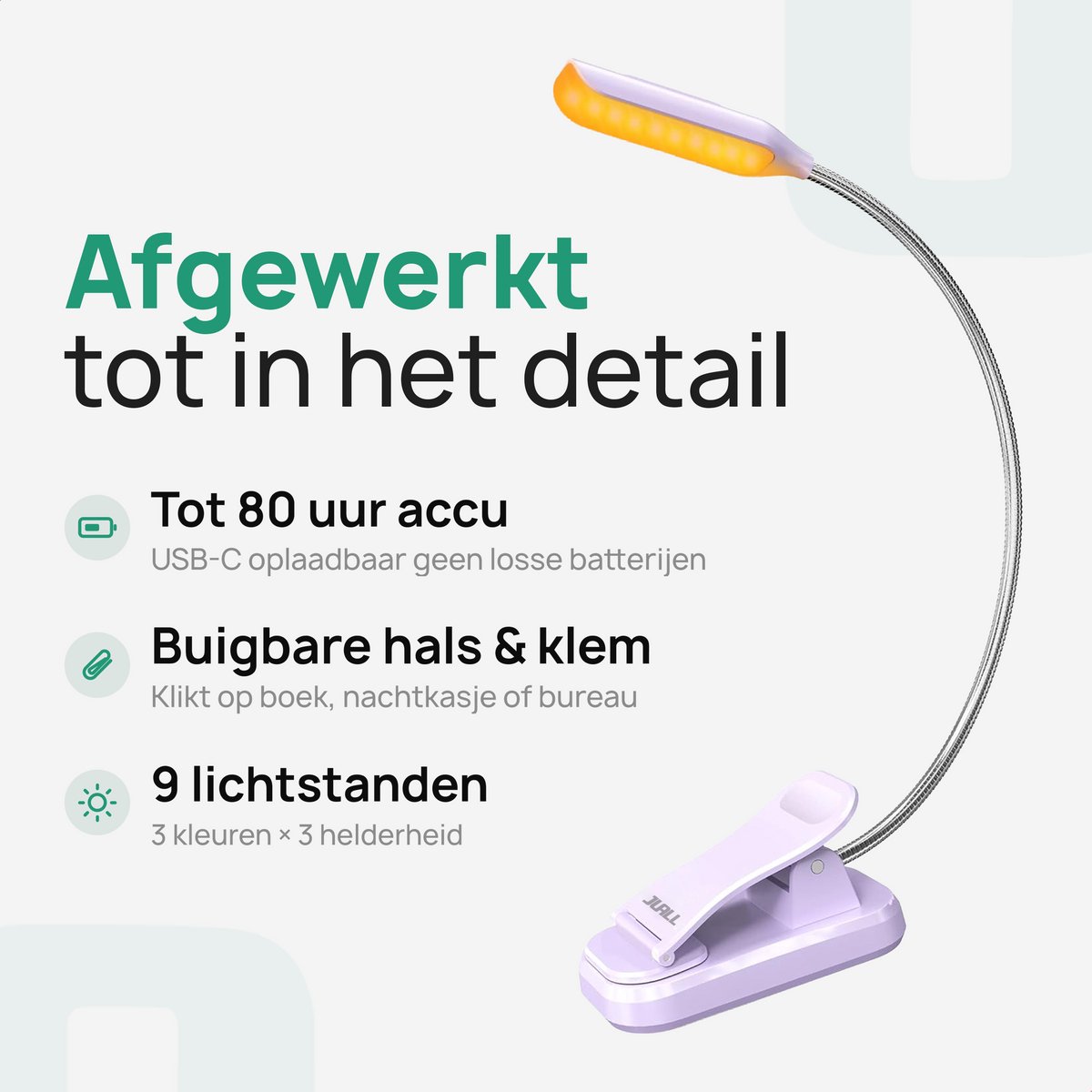 JUALL LED Leeslampje voor Boek - 9 Lichtstanden - Oplaadbaar Leeslampje voor in Bed - Boeklampje - Leeslampje met Klem - Bedlampje - Paars — cadeau in Gadgets - foto 2
