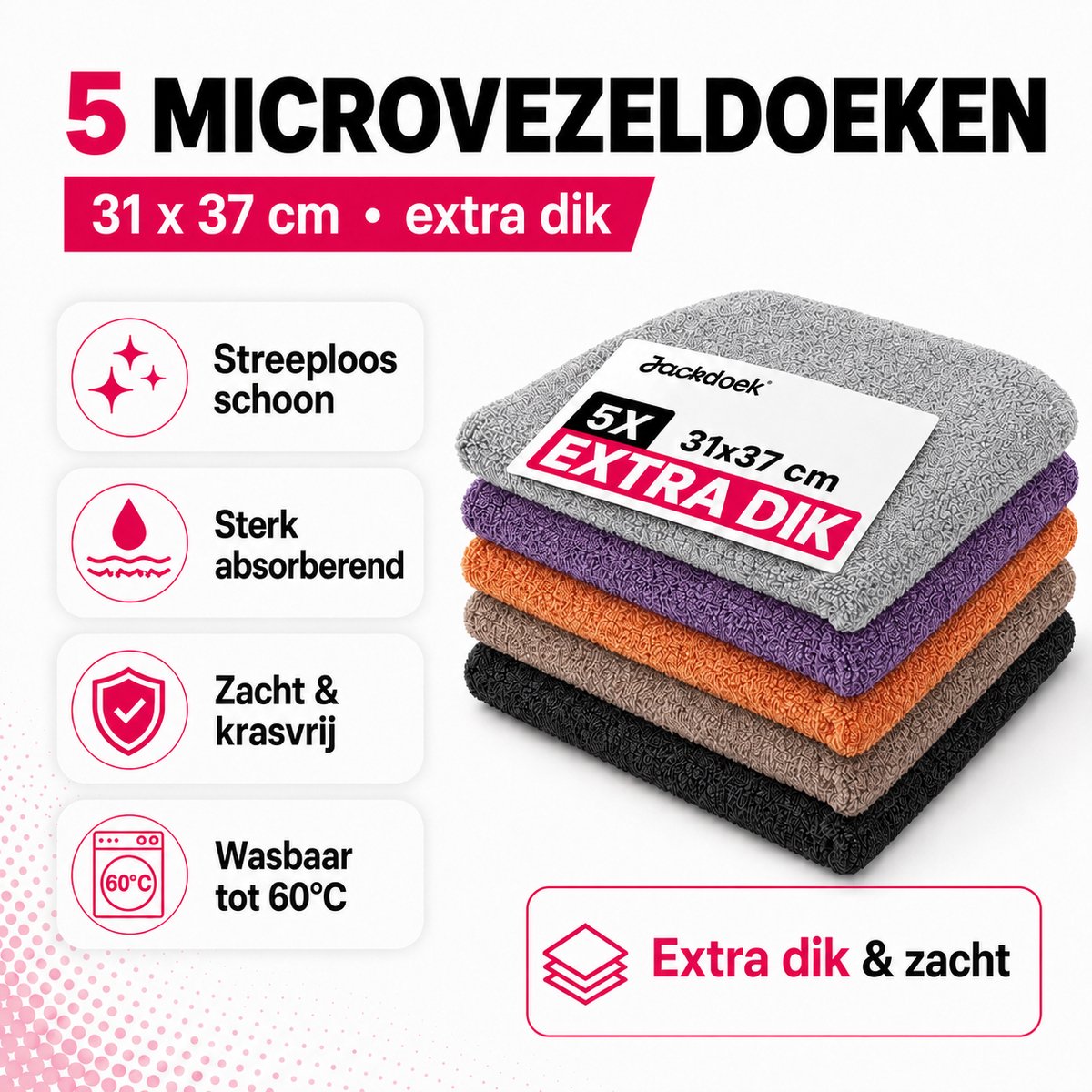 Jackdoek Classic Microvezeldoekjes - 5 pack - 31x37cm - Extra dik - Diverse kleuren - Streeploos, Sterk absorberend en Wasbaar - Voor Glas, Tegels, Keuken, Badkamer, Auto, Beeldscherm
