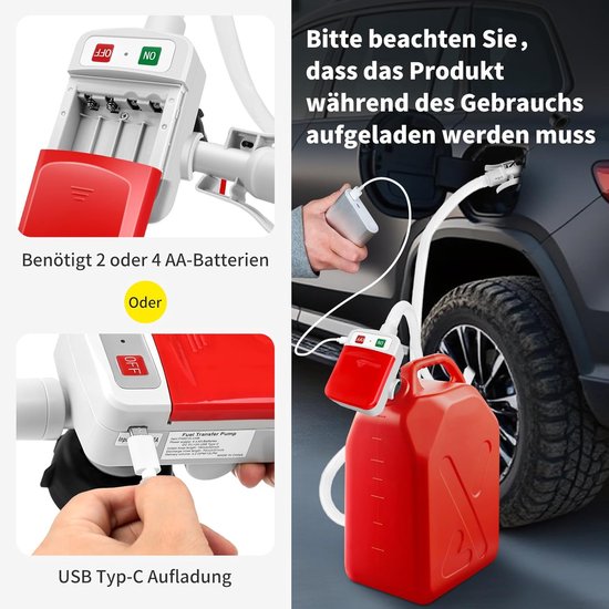 Elektrische Brandstofpomp 12V & USB-C – Automatische Overhevelpomp met Auto Stop – 12L/min Draagbare Benzine-, Diesel- & Kerosinepomp – Inclusief Slang en 4 Adapters voor Auto, Boot & Caravan — afbeelding 2