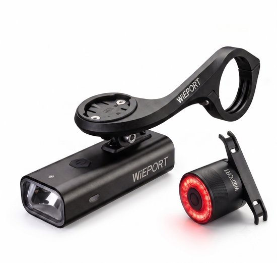 Kit d'éclairage de vélo Wieport Combi Deal - Lampe avant LED 800 lumens et feu arrière Smart Brake avec capteur de mouvement et de freinage - Rechargeable USB et étanche - Convient pour VTT, vélo de course et vélo de ville - Noir