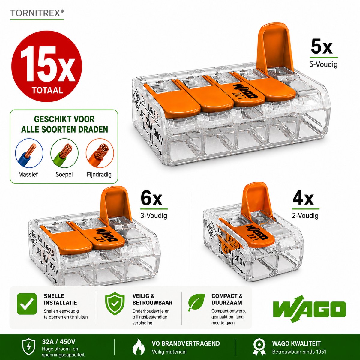 Wago lasklemmen assortiment serie 221 - 2, 3 en 5 voudig (15 stuks) - Tornitrex®