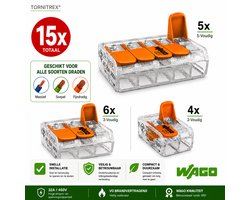 Wago lasklemmen assortiment serie 221 - 2, 3 en 5 voudig (15 stuks) - Tornitrex®