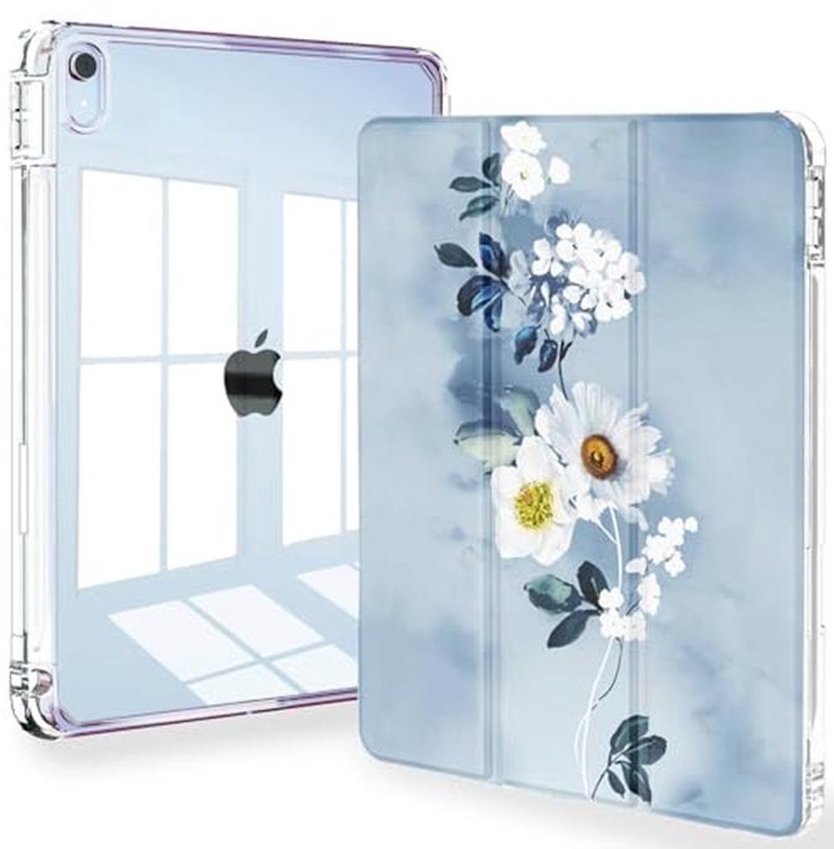 iPad Air Hoes - Beschermhoes Tablet - Dagelijks Gebruik - Met Pennenhouder - 11 Inch - Blauw Bloemetje