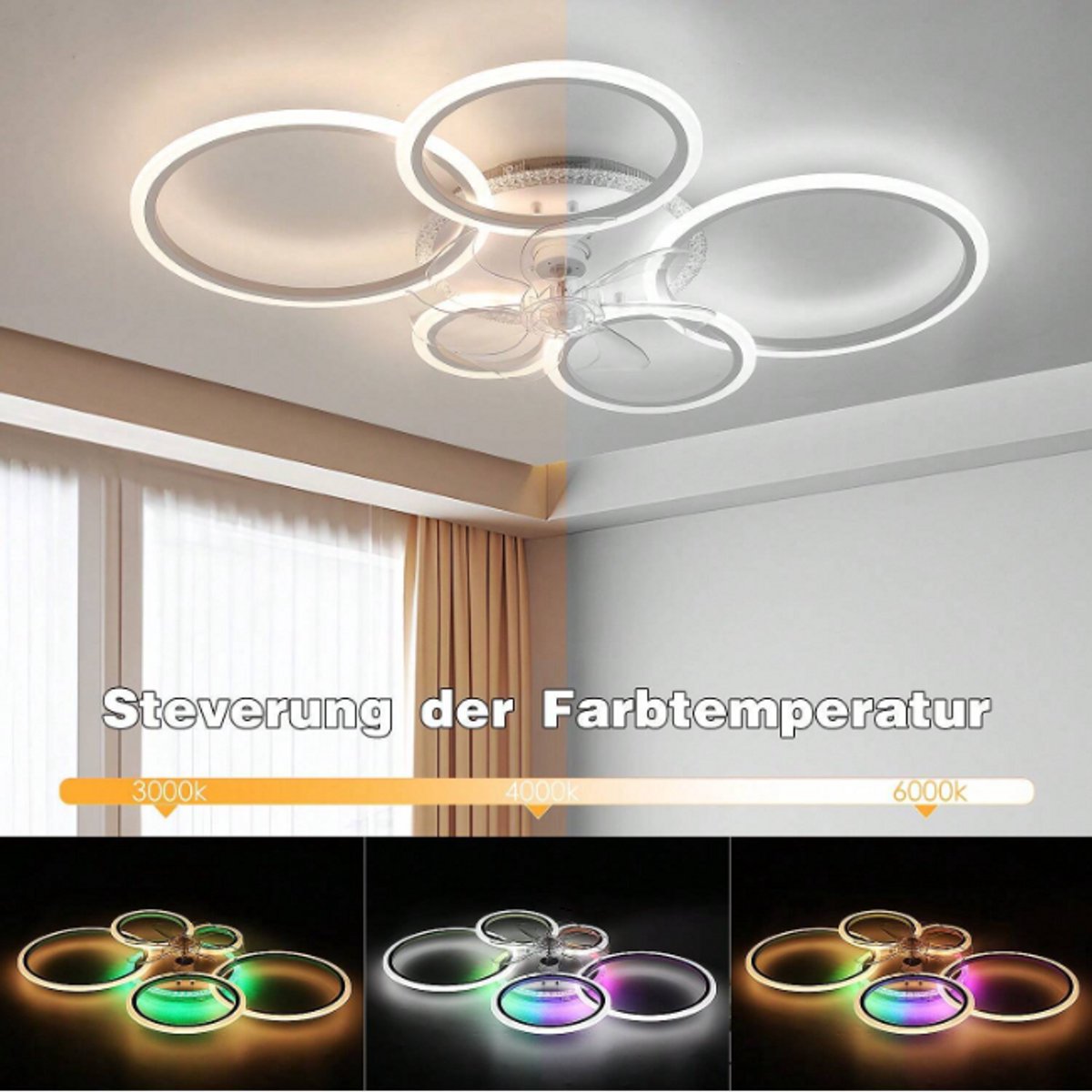 Equivera Plafonniere met Ventilator - Plafondventilator - Plafondventilator Afstandsbediening - Plafondventilator Slaapkamer - Plafond Ventilator met Verlichting - RGB 12 Kleuren - Plafondlamp - Plafonniere - Ideaal voor in uw slaapkamer! thumbnail 6