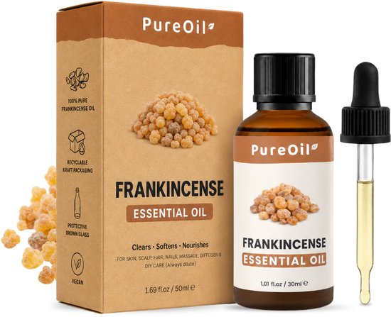 Boîte en carton et bouteille d'huile essentielle de franc-encens PureOil avec résine d'encens.