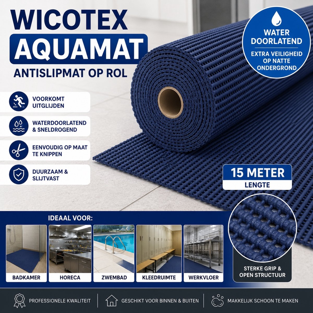 Wicotex - Aquamat Antislipmat op Rol – 15 meter – Waterdoorlatende Vloermat – Op Maat te Knippen – Voor Badkamer, Horeca, Keuken en Zwembad - Kleur Blauw
