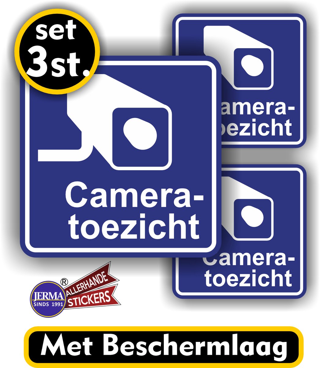Jerma - Cameratoezicht stickers - set 3 st - 1st 15x15 - 2 st 10x10 cm - Vinyl - Verhoog de Veiligheid