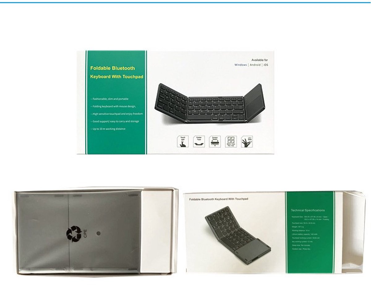 Toetsenbord-Draadloos Opvouwbaar / Inklapbaar Toetsenbord met Touchpad - Bluetooth Keyboard - Voor Tablet / (Windows) PC / Apple Mac - iPad - Samsung - iPhone - Macbook - iMac / Android - QWERTY - Opvouwbaar - Zwart thumbnail 5
