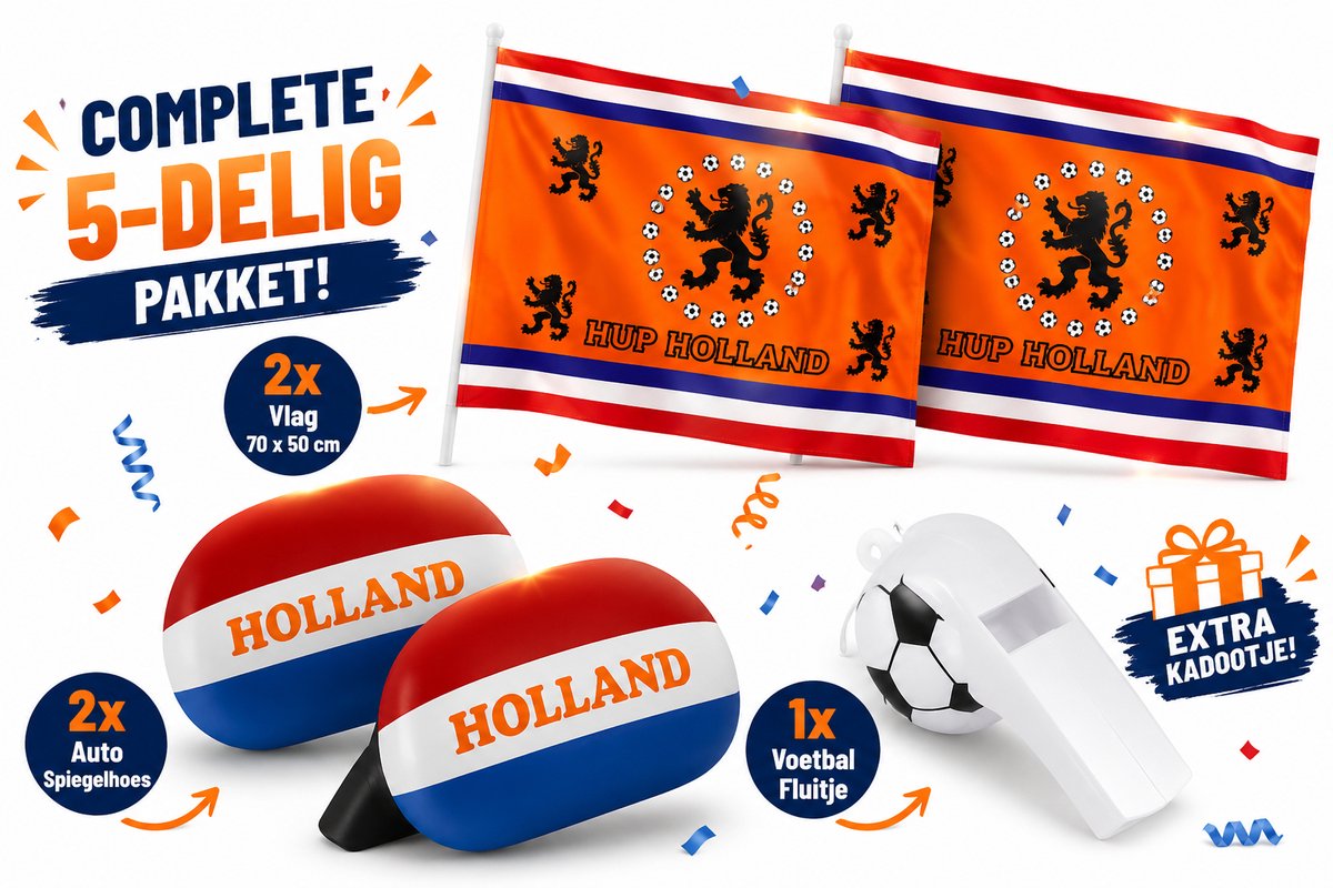 Holland Vlag 70x50 cm 2 Stuks + 2 Auto Spiegelhoezen + Voetbalfluitje – Nederland Voetbal Vlag Oranje Supporterspakket WK 2026 EK
