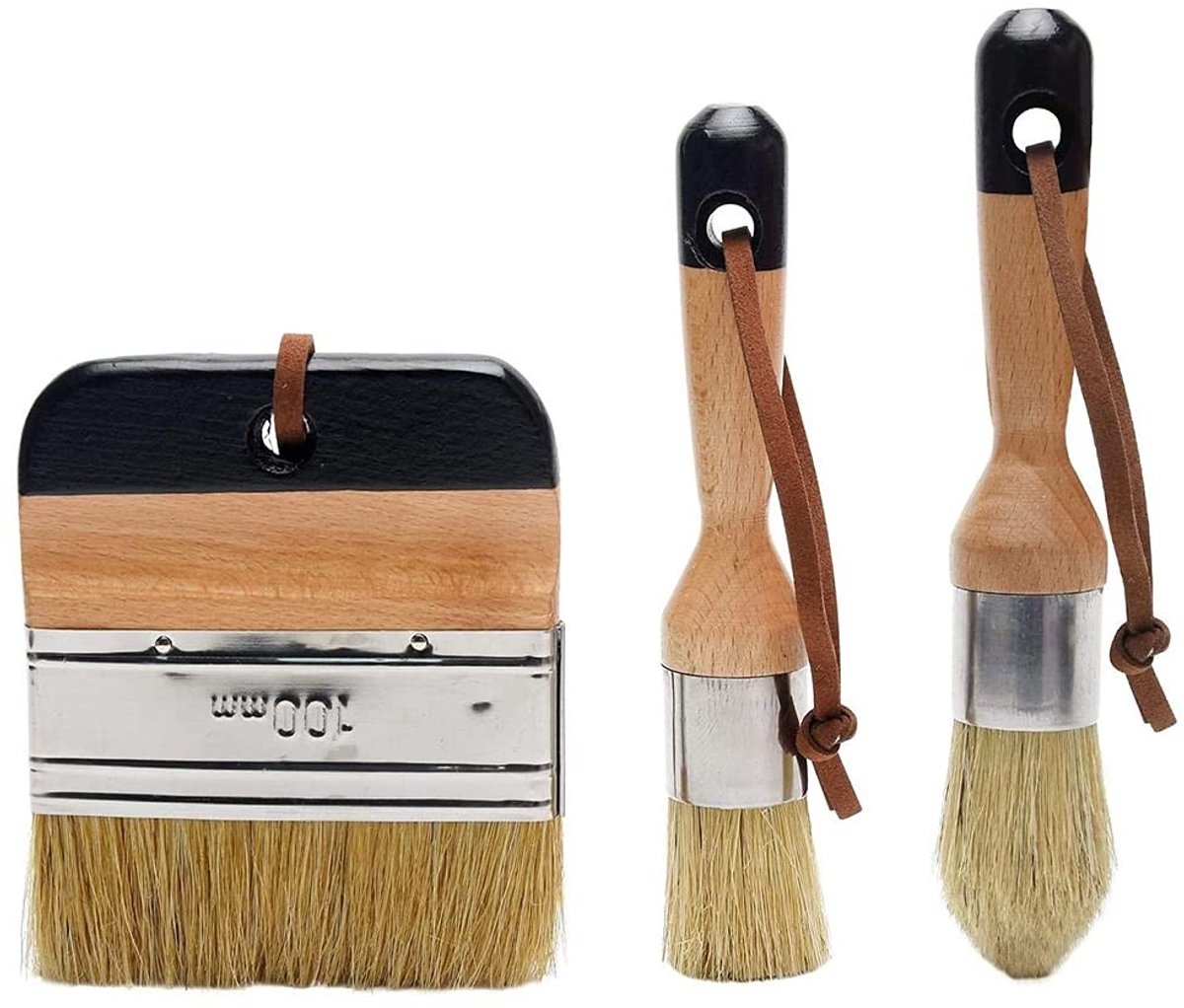 Dailygoods- Krijtverfborstels Set van 3 - Platte/Puntige/Ronde Borstel - Stencilborstels - Houten Meubels - Woondecoratie - Duurzaam Materiaal - Verfkwasten