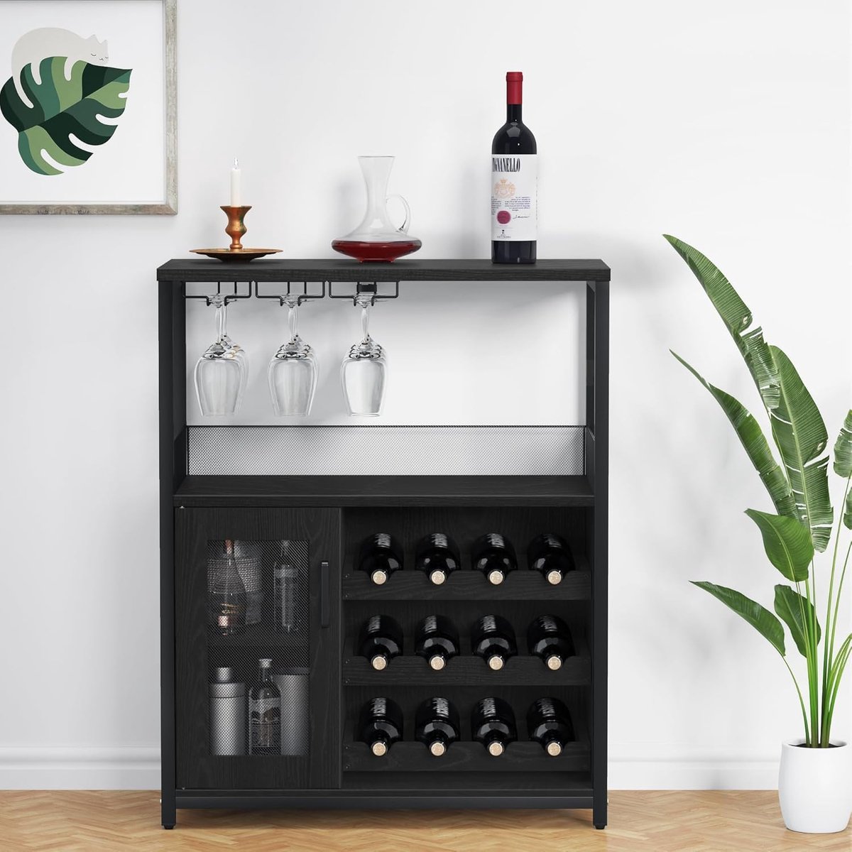 Triumpunpre Wijnkast - Vrijstaande Bar Kast met Wijnrek voor 16 Flessen, Glashouder en Mesh Deur - 72x35x90 cm - Wijnkabinet met Verstelbare Schappen - Retro Stijl Wijnmeubel voor Woonkamer, Keuken, Eetkamer