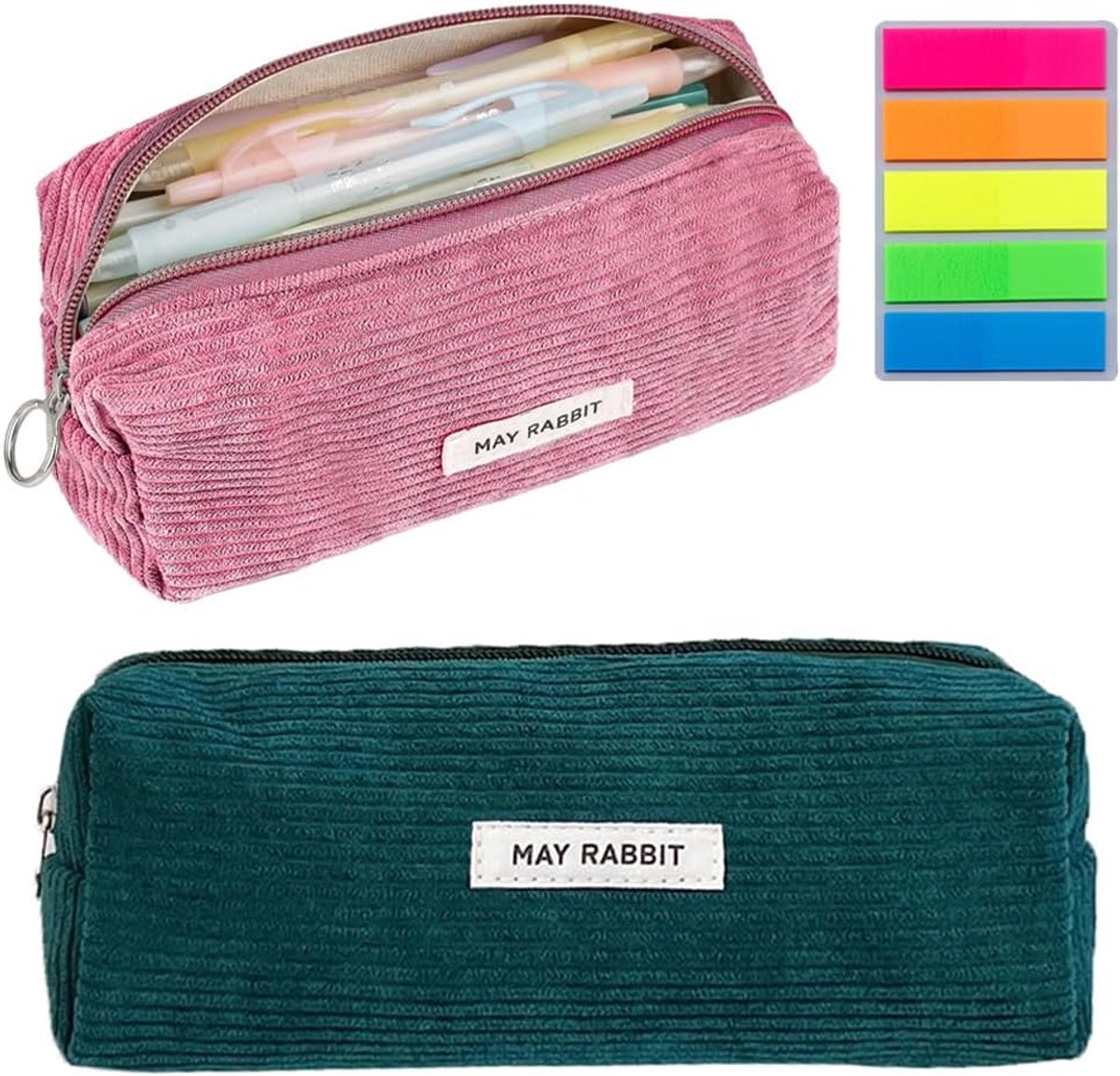 Corduroy Etui - Opbergmapjes - Schrijfwaren Organiseren - Grote Opbergcapaciteit - 2 Stuks - Rozerood Donkergroen