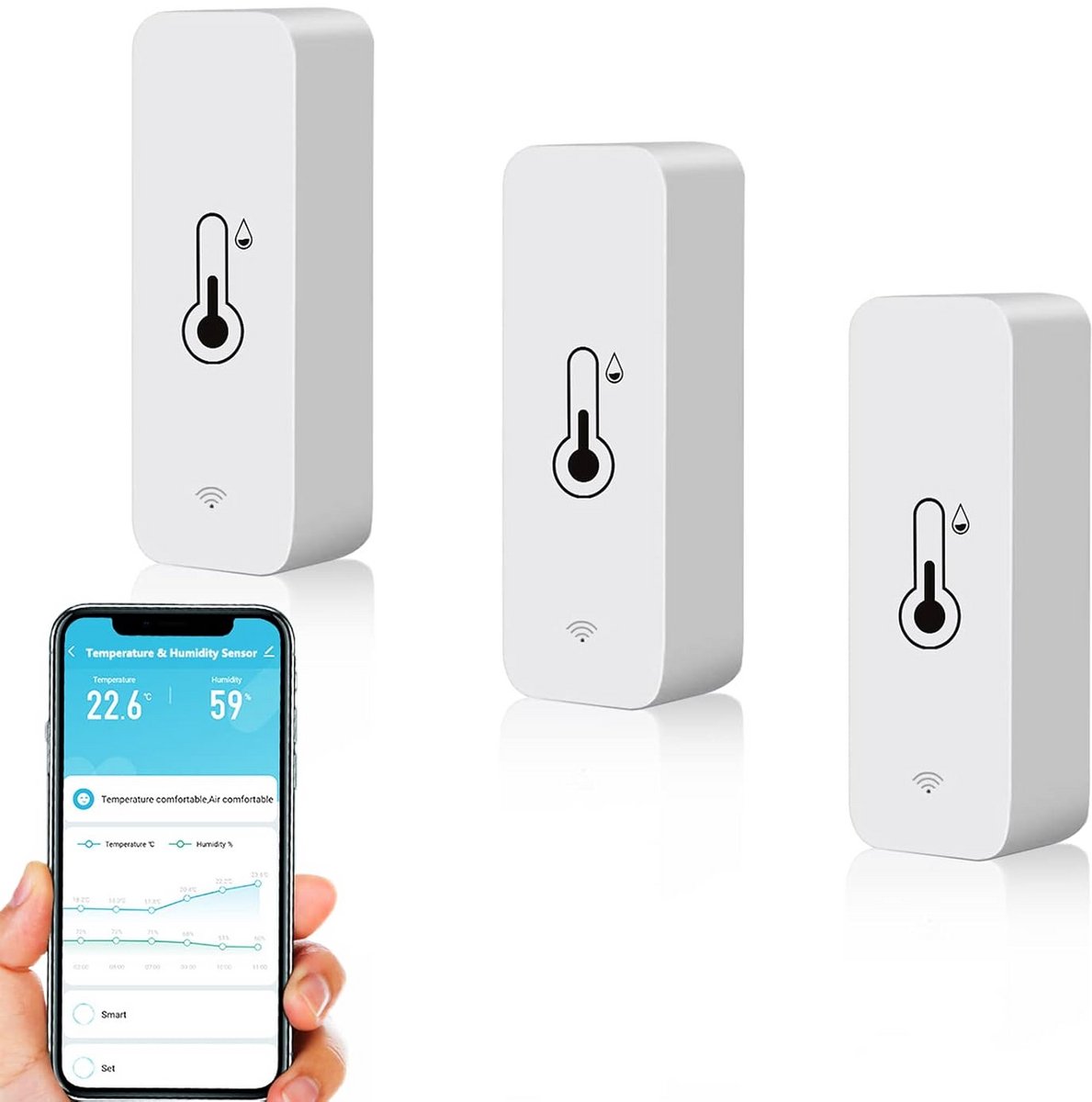 Slimme Sensor - Temperatuur Vochtigheid - Binnenklimaat Bewaken - App Bediening - Mini Formaat - Wit