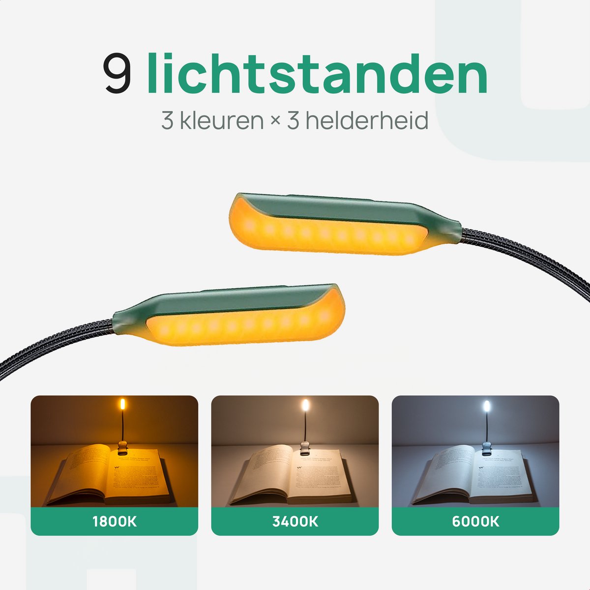 JUALL LED Leeslampje voor Boek - 9 Lichtstanden - Oplaadbaar Leeslampje voor in Bed - Boeklampje - Leeslampje met Klem - Bedlampje - Groen — cadeau in Gadgets - foto 5