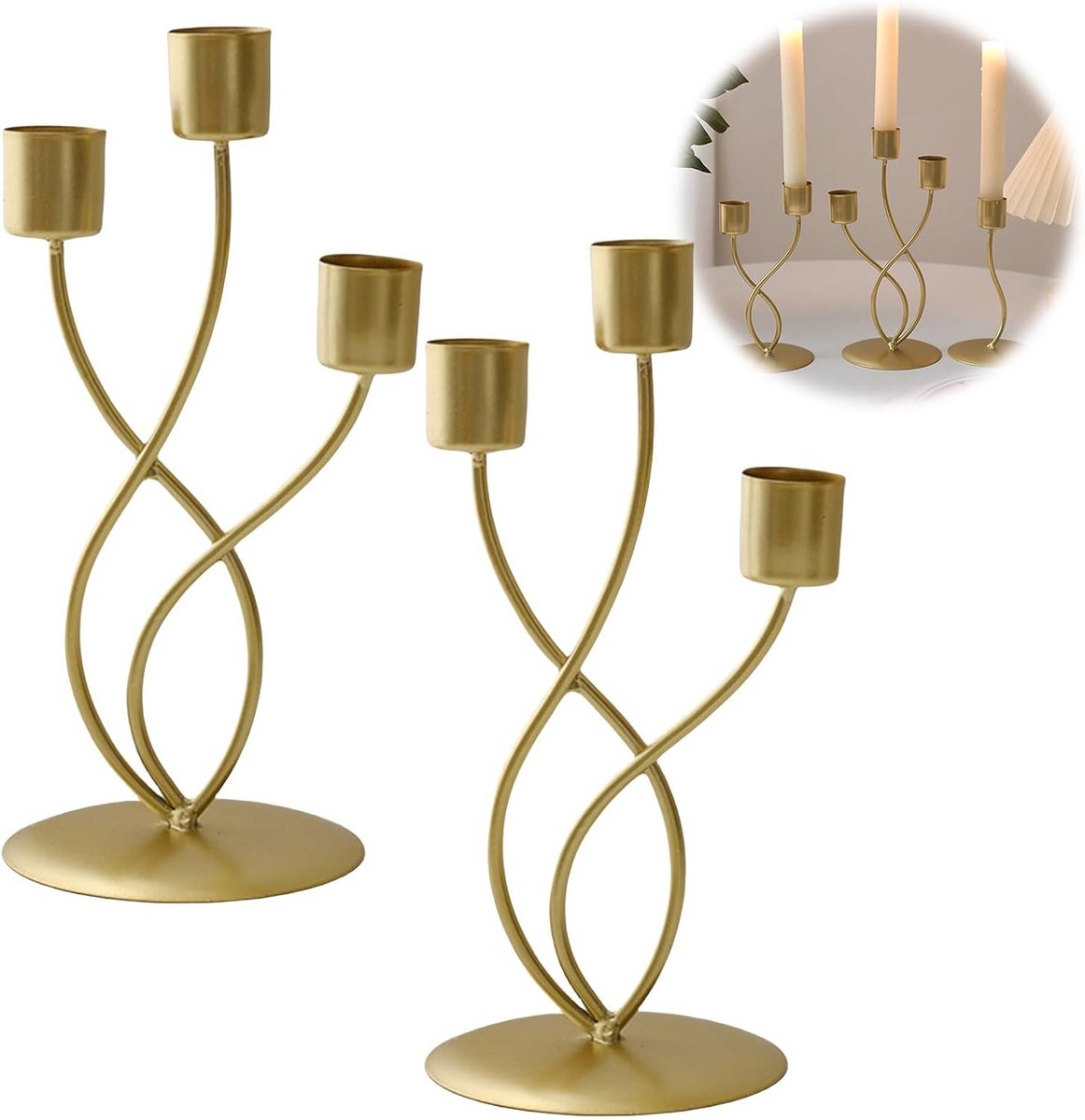 Kandelaars Set - Bloem Vorm - Tafel Decoratie - Roestvrij Ijzer - Set van 2 - Goud Zwart