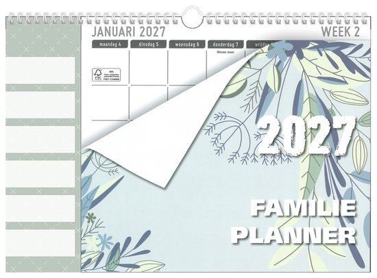 Familieplanner 2027 met botanische print in groen en blauw. Kalender toont "JANUARI 2027" en "WEEK 2".