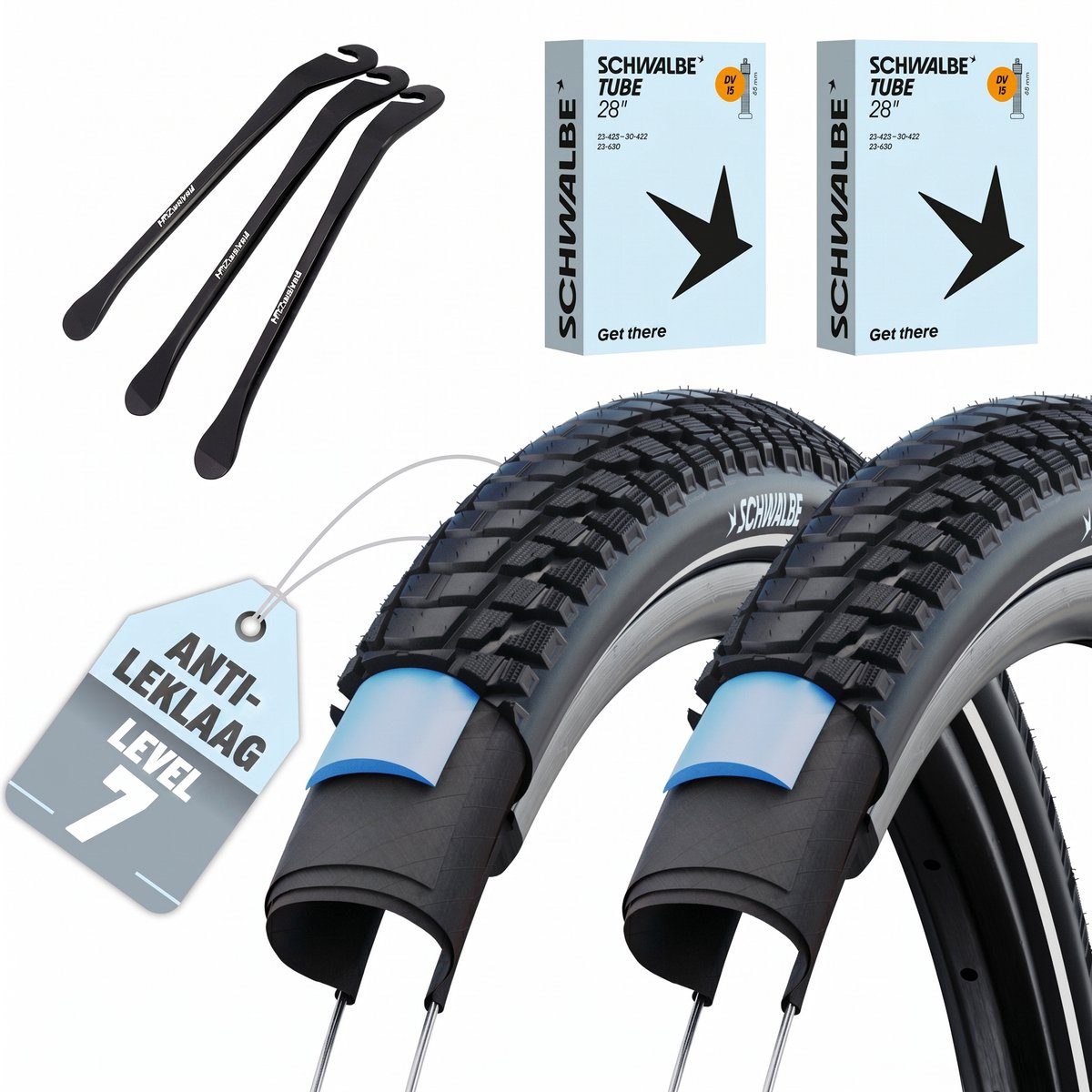 2x Schwalbe fietsbanden Marathon Plus Tour 27.5x2.15 inch (54-584) zwart + 2x DV14 hollands-ventiel binnenband + 3 MSZweirad bandenlichters