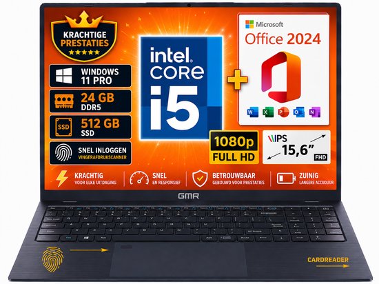 GMR Laptop 15.6 Inch Full HD IPS | Intel Core i5 | 24GB DDR5 RAM | 512GB SSD | Windows 11 Pro | Office 2024 | Zakelijke Laptop | Werk Laptop | Thuiswerk Laptop | Studenten Laptop - GMR - Hoofdafbeelding