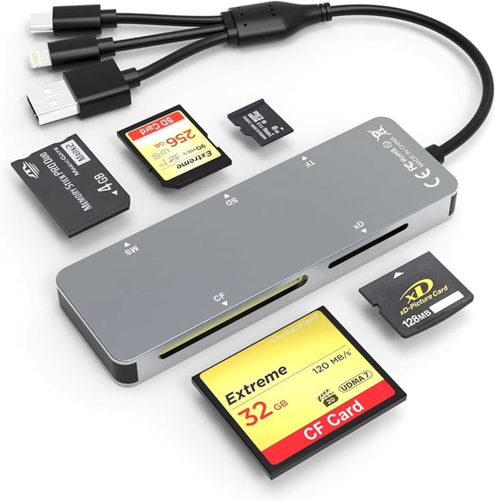 Lecteur de carte gris avec câbles USB-C, Lightning et USB-A et diverses cartes mémoire comme SD, microSD, CF, MS, XD.