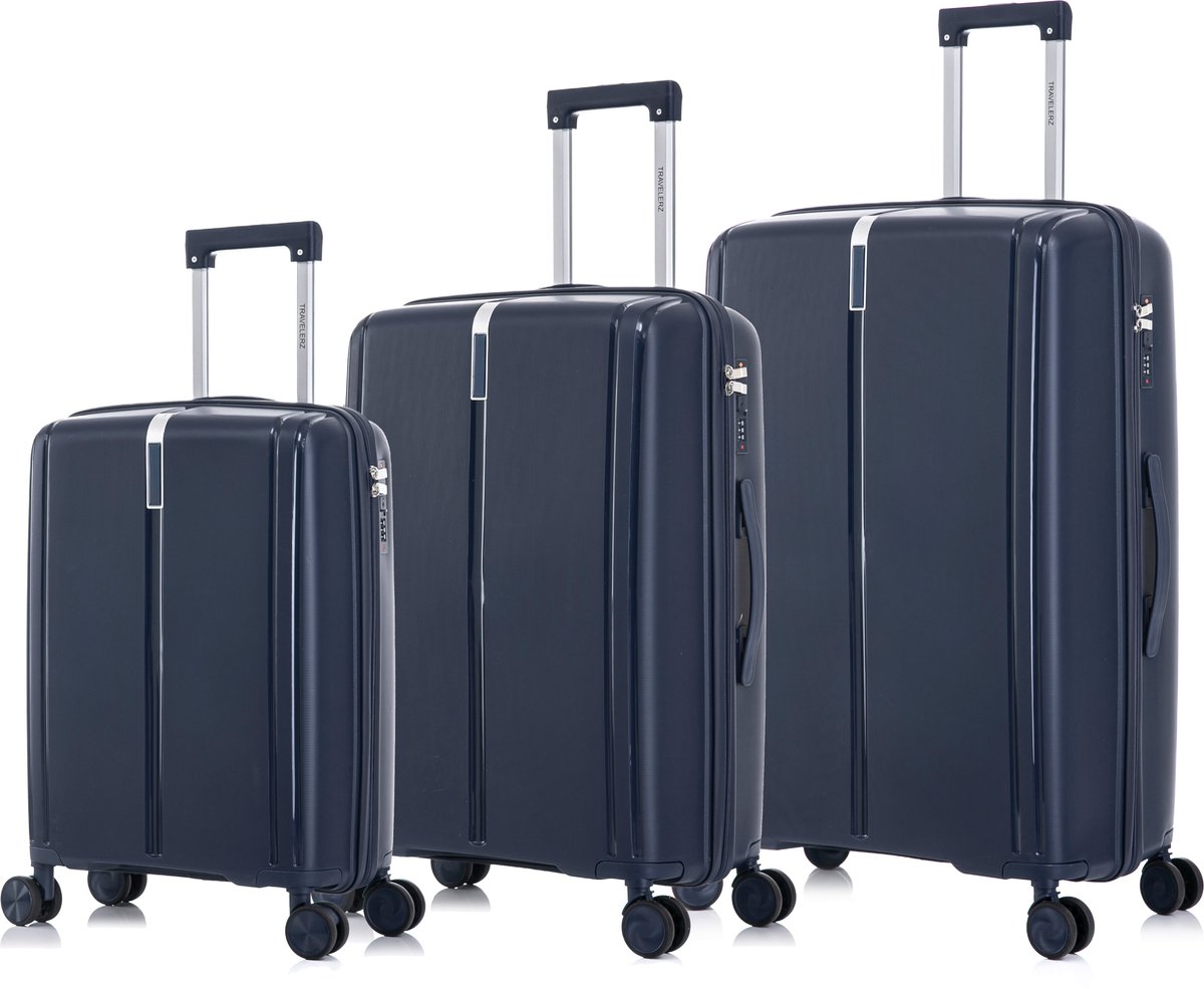TRAVELERZ - Valencia - 3 Delig kofferset - Handbagage 42L - Medium koffer 67L & Grote koffer 97L - Polypropyleen - Harde schaal - Cijferslot - Lichtgewicht - Flexibel - Duurzaam - Dubbele wielen - Spinner wielen - Marineblauw