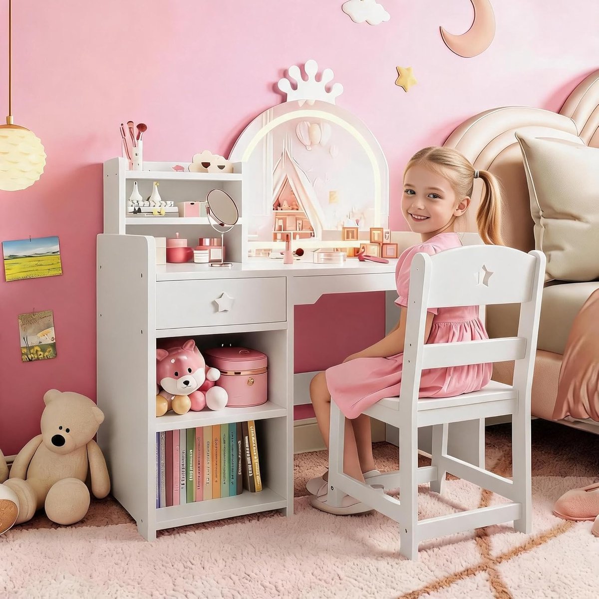 2-in-1 kinderkaptafel met LED-spiegel en krukje - Houten prinsessenkaptafel met boekenplank en opbergruimte voor de meisjeskamer