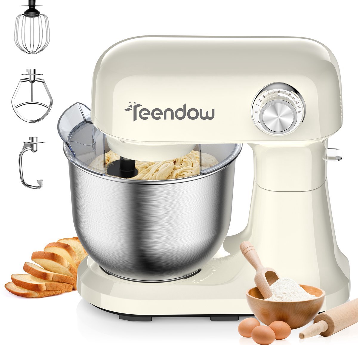 Teendow Keukenmachine – Staande Mixer - 12 Snelheden - 5L RVS Kom - Kantelbare Kop - Vaatwasserbestendig voor Thuisbakken
