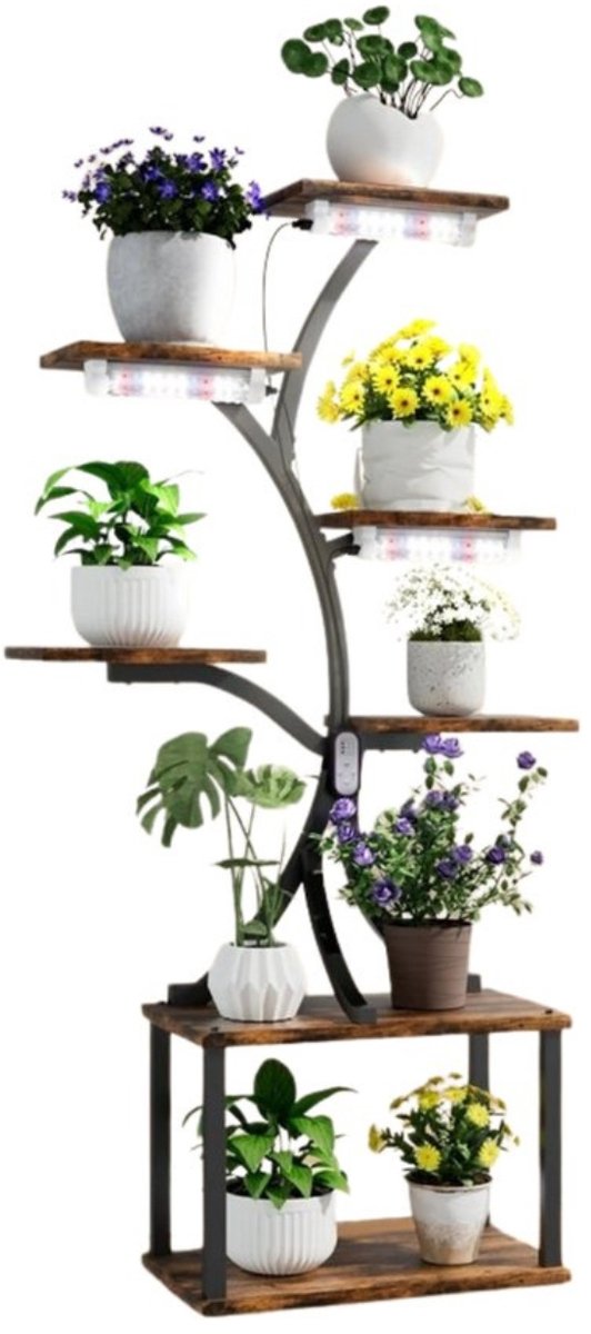 Joorly Plantenstandaard met Kweeklampen – 7 Laags Plantenrek met LED Groeilampen – 80x26x150 cm – Metalen Bloemenrek – Indoor Plantenrek met Verlichting – Zwart/Bruin