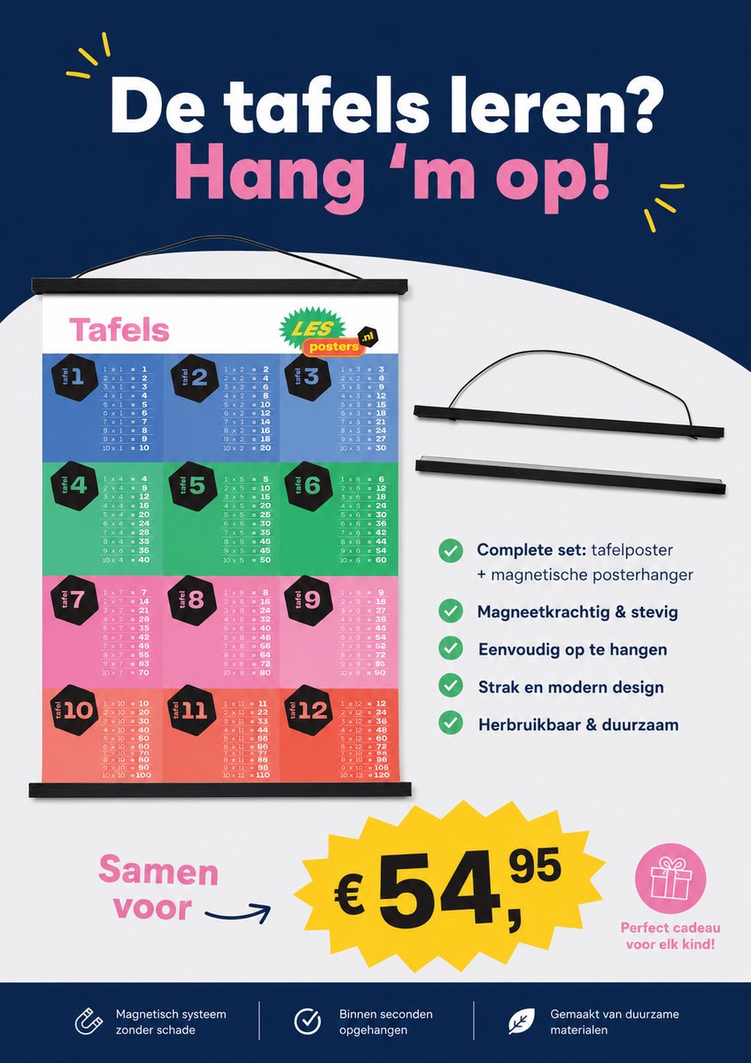 Tafelposter A1 + magnetische posterhanger – Tafels 1 t/m 12 groep 4-6 compleet pakket aanbieding