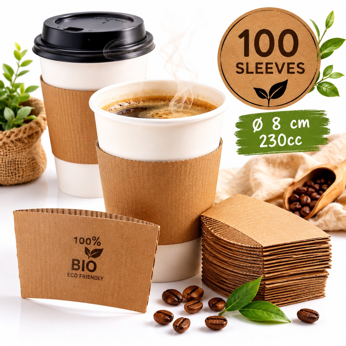 100 Sleeves voor koffiebekers pure Ø 8 cm · 200-240ml BIO bruin