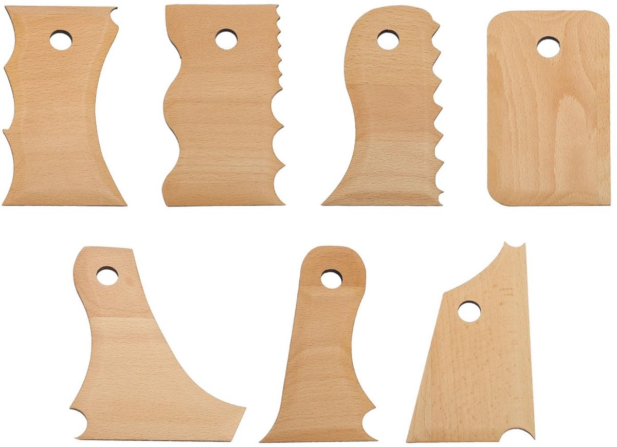 Dailygoods- Aardewerk Gereedschap Set - 7 Stuks Aardewerk Voetvormer - Beukenhout - Keramiek - Diverse Vormen - Uniek Ontwerp
