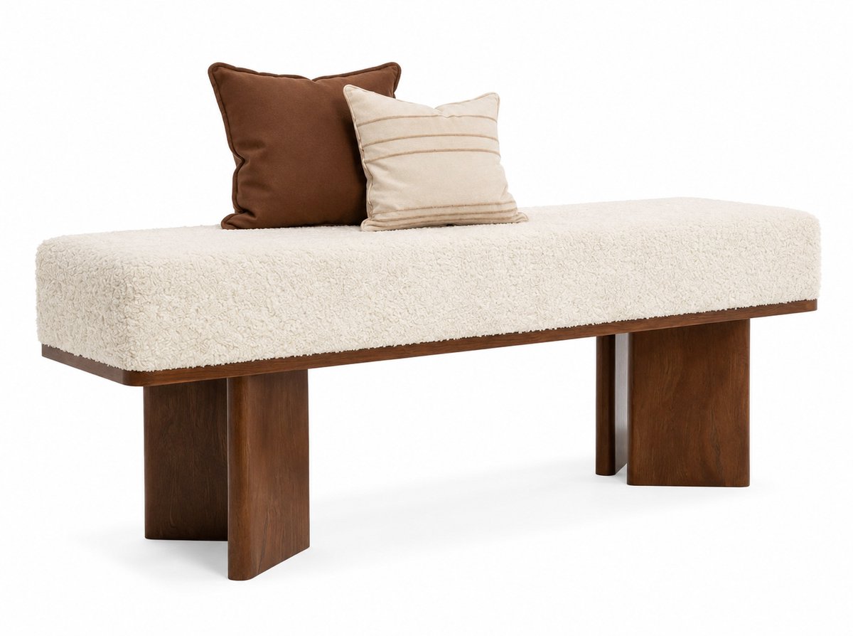 CINK Living® Entreebank Bouclé 120 cm - Schoenenbank met Zitting - Halbank - Bedbank - Eettafelbank - Crème Wit & Walnoot Bruin