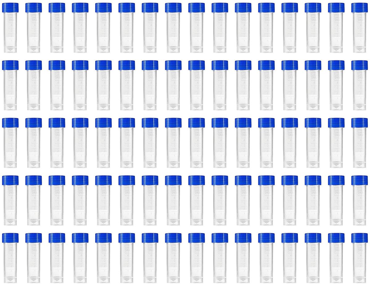Dailygoods- Reageerbuisjes 80 stuks - 5 ml - Transparant kunststof - Blauw deksel - Gegradueerde markeringen - Vriezerbestendig - Eenvoudige bediening - Laboratoriumbuizen