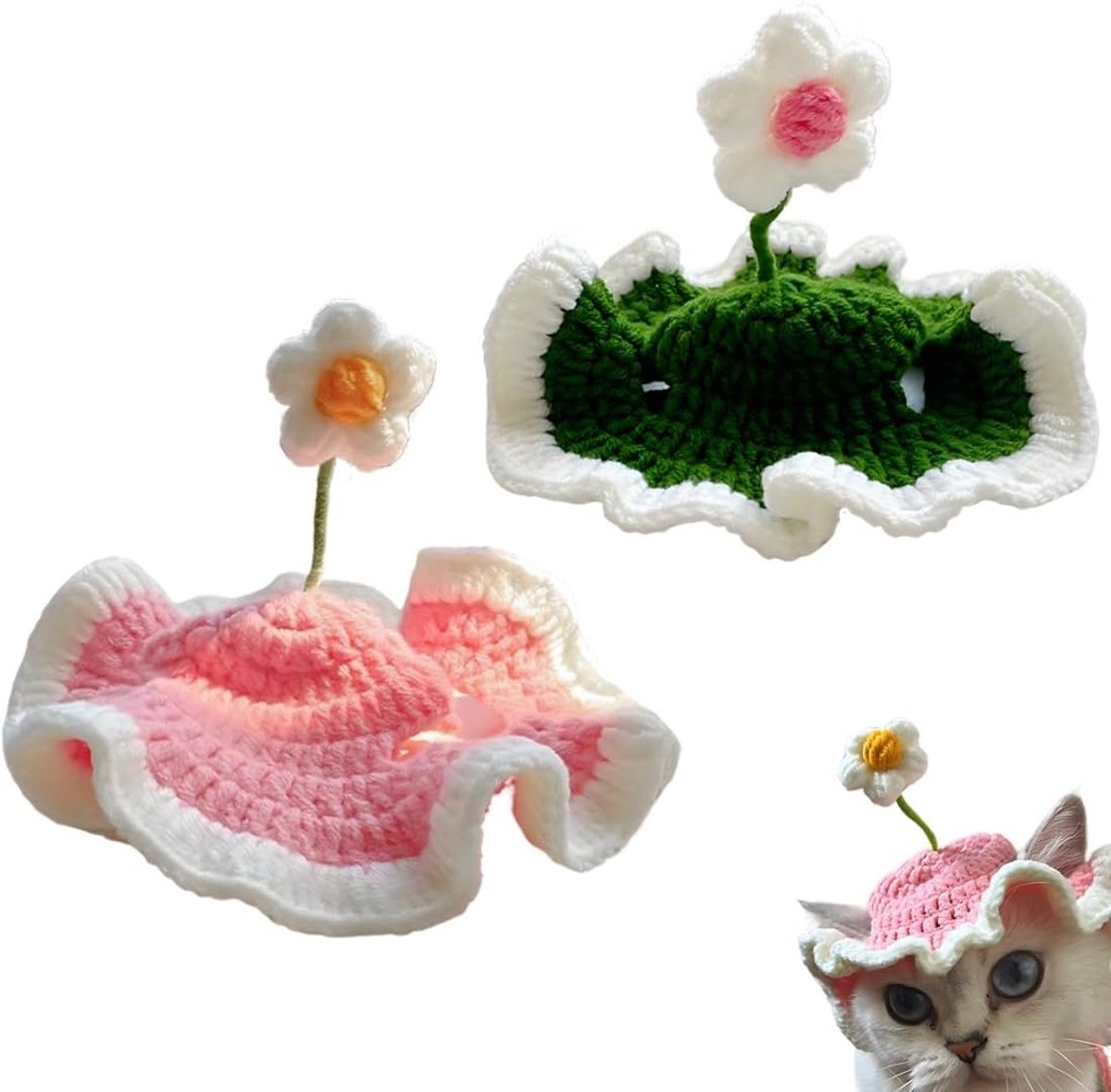 Huisdier Hoofddeksel - Hondenmuts Kattenmuts - Feestdecoratie Fotoshoot - Schattig Bloemendesign - 2 stuks - Groen Roze