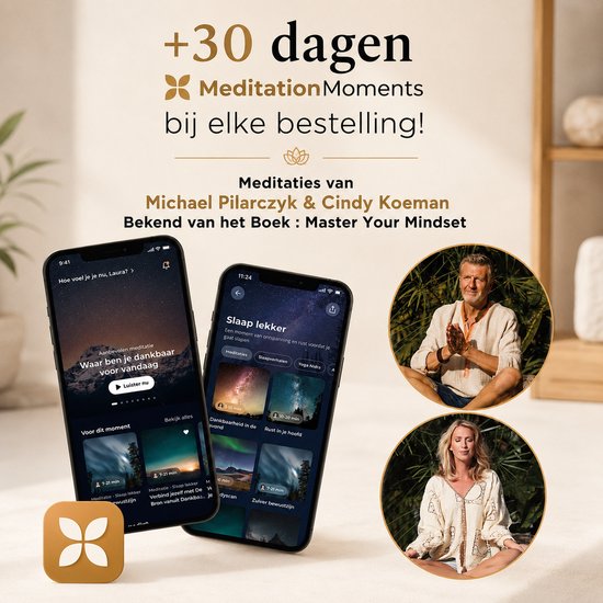 Telefoonschermen met meditatie-app, koppels in meditatie. Tekst: +30 dagen MeditationMoments.