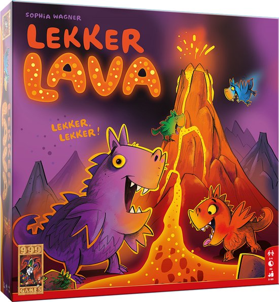 Speldoos Lekker Lava met een vulkaan, kleurrijke draakjes en de tekst "Lekker, lekker!" op een paarse achtergrond.