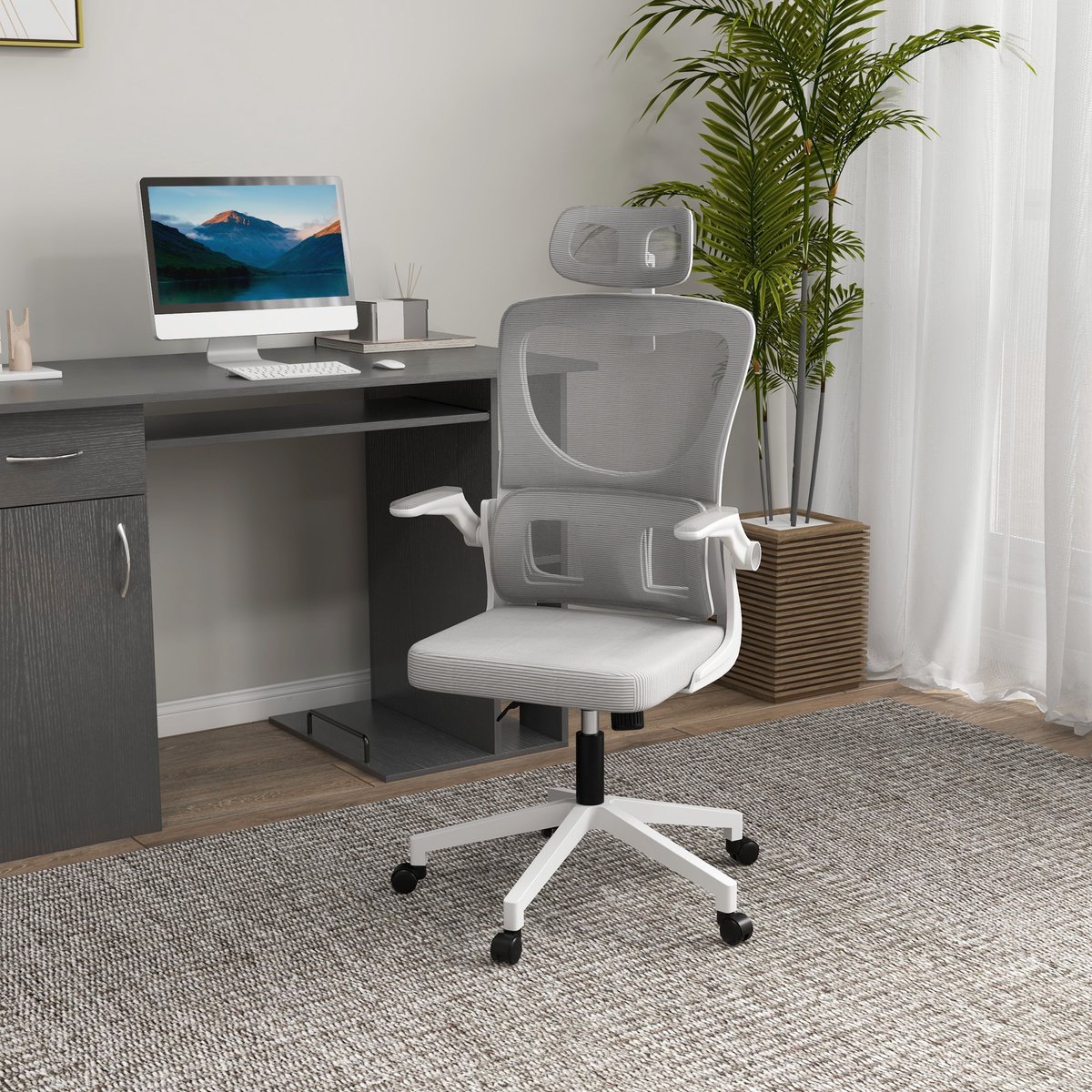 MIVRAY Ergonomische Bureaustoel 60 x 59 x 114-122 cm - Verstelbare Rugleuning Met Hoofdsteun En Lendensteun - Gaas Grijs