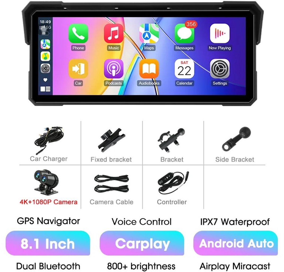 NordHaus Motorfiets Navigatiescherm - GPS Navigator - 4K DVR Recorder - Draadloze CarPlay & Android Auto - 8.1 Inch Met Controller