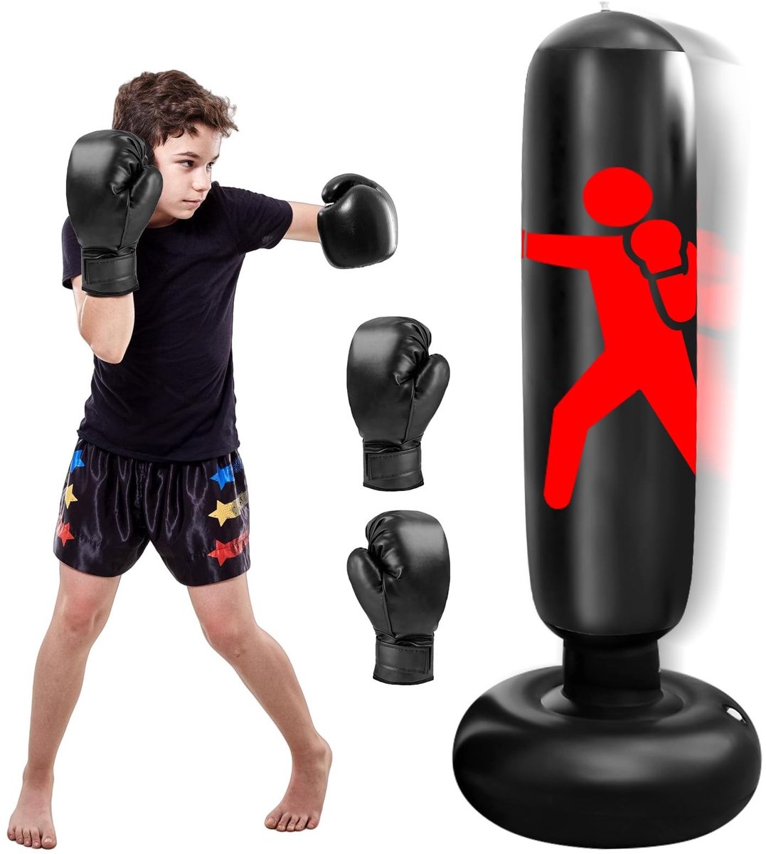 Dailygoods- Bokszak 160 cm - Opblaasbare Staande Bokszak - Bokshandschoenen - Geschikt voor Kinderen 3-12 Jaar - Vechtsporten - Robuust PVC Materiaal - Vechtsportzak