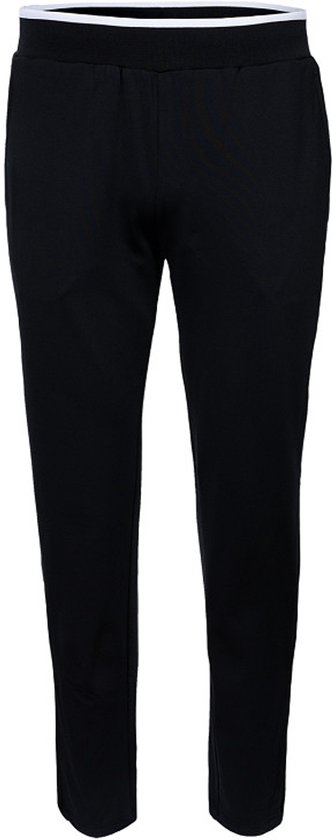 Pantalon noir coupe droite avec bordure blanche à la ceinture.