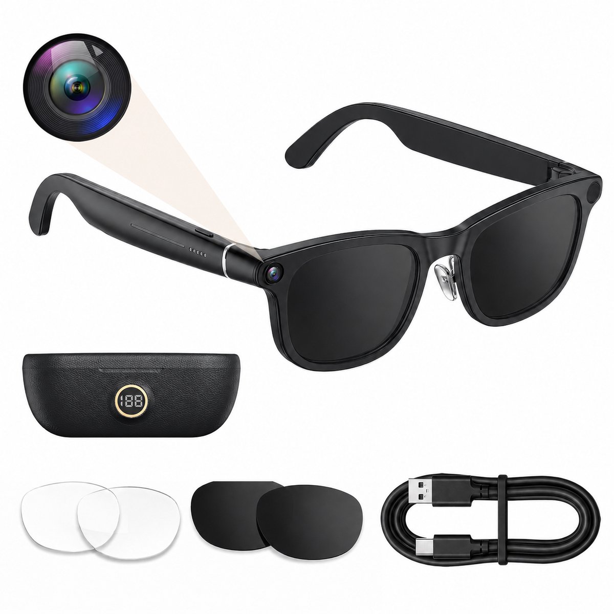 K&L Camera Bril met 30MP Foto Camera - 4K HD – 3820MAH – Mini Spy Camera - Smart Bril - NL-app - Oplaadhoes