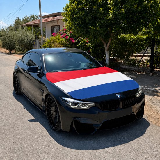 Zwarte sportauto met de Nederlandse vlag op de motorkap, geparkeerd op een landweg.