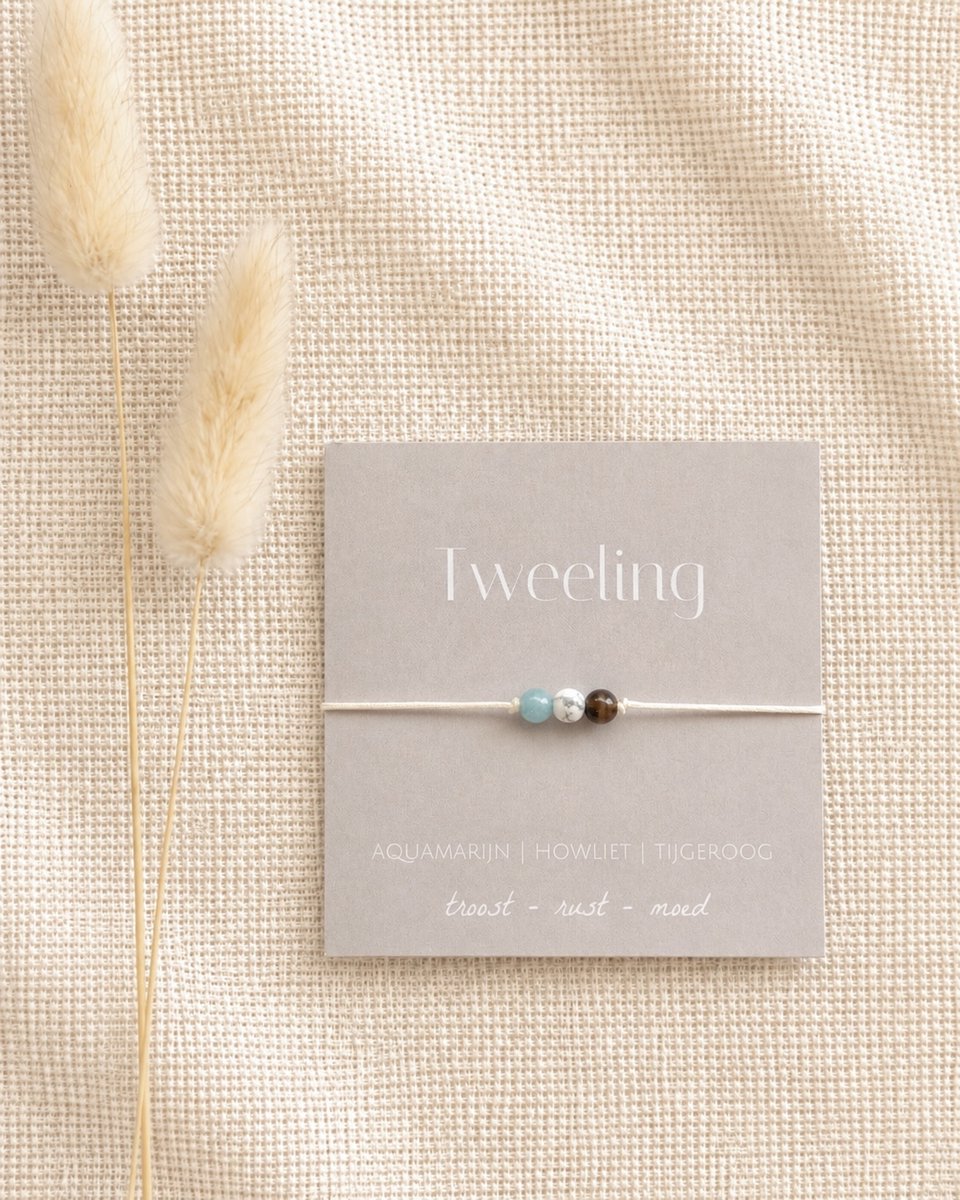 Sterrenbeeld armbandje edelstenen Tweeling - Aquamarijn, Howliet, Tijgeroog - troost, rust, moed - Cadeautip - Uniek liefdevol cadeau - Edelstenen