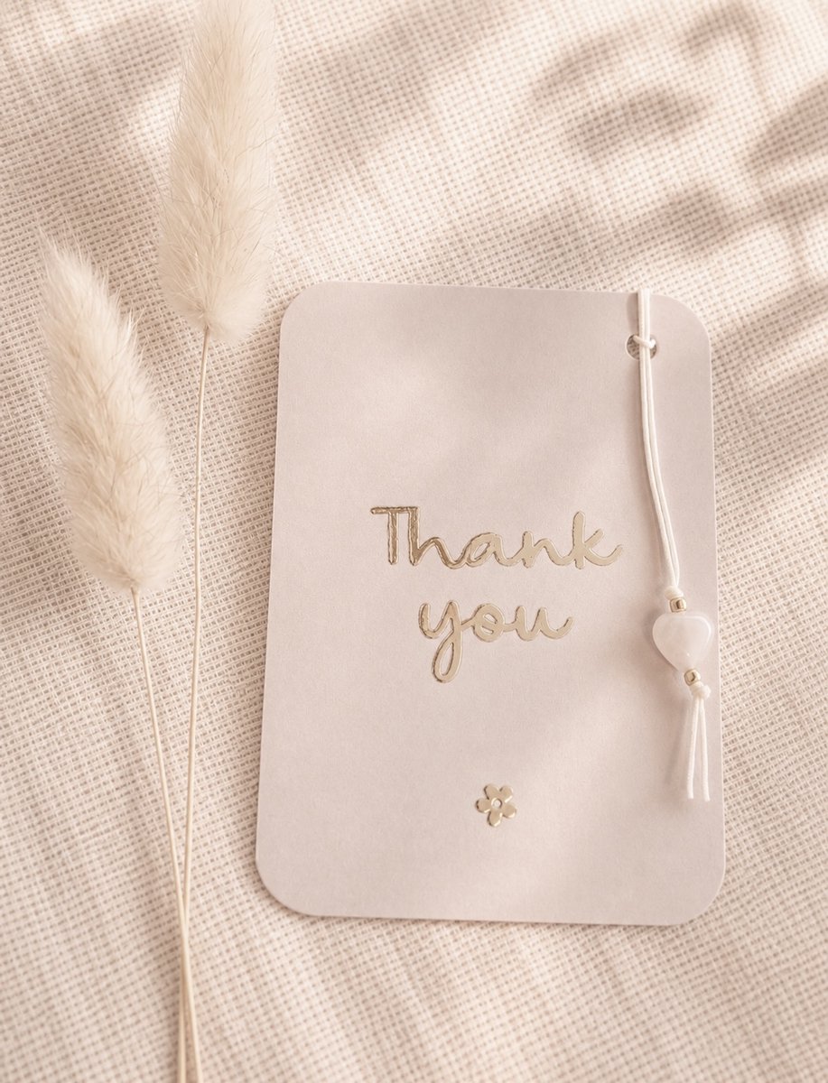 Kaartje goudfolie 'Thank you' met Rozekwarts edelsteenhangertje - Bedankt - Bedankje - Thank you - Cadeautip