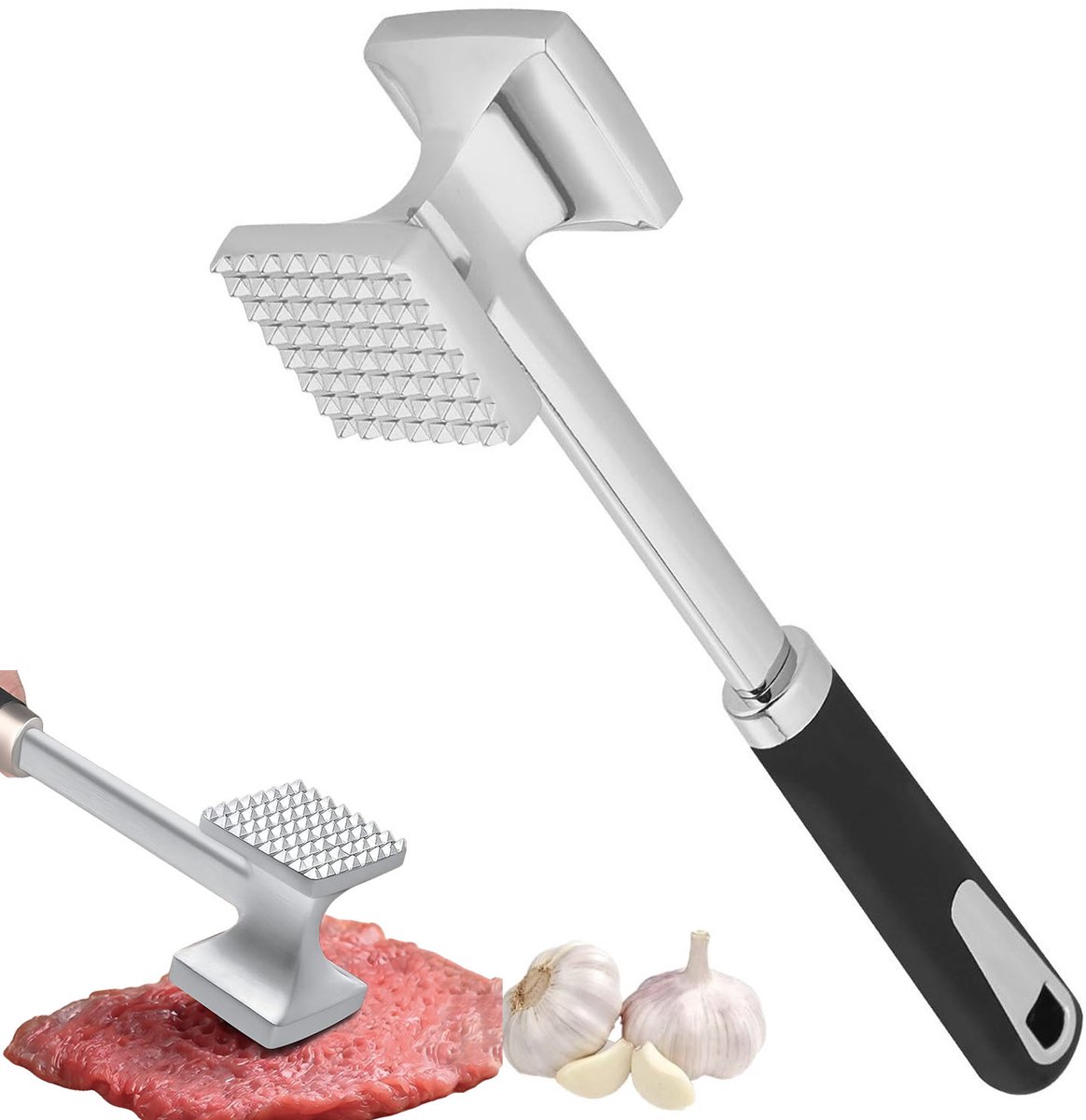 Vleeshamer RVS - Vleesklopper Dubbelzijdig - Burger Smasher en Vleesvermalser - Schnitzelklopper met Ergonomische Handgreep - 27 cm