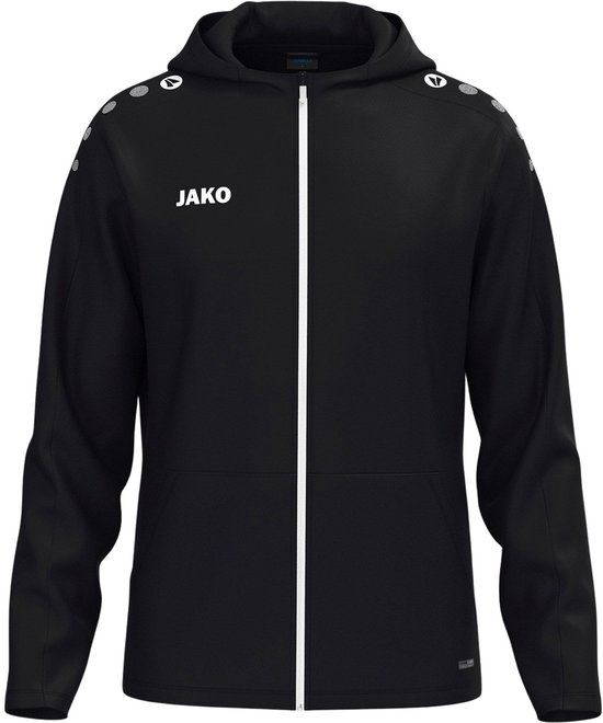 Veste de sport noire Jako à capuche, fermeture éclair blanche et logo JAKO sur la poitrine. Boutons sur les épaules.