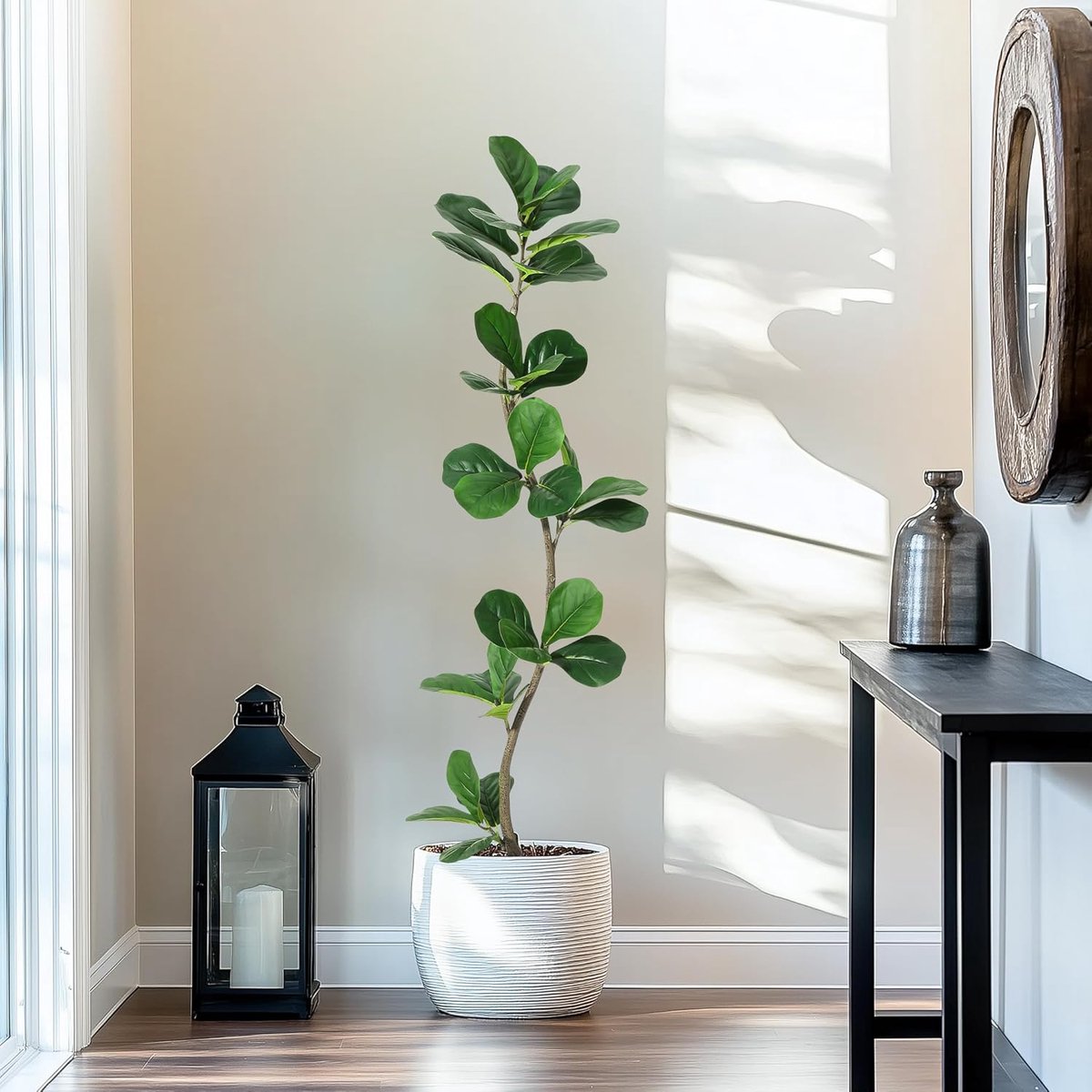 Triumpunpre 150cm Kunst vijgenbladboom met zwarte kweekpot - kunstplant met natuurlijke houten stam - S-vormige kunstficus voor decoratie woonkamer kantoor thuis