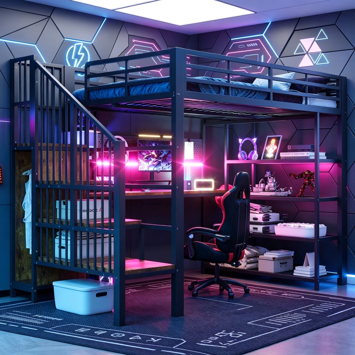 Zubaliya IJzeren Hoogslaper 140 × 200 Cm, Tweepersoonsbed Lang Bureau En Lang Prikbord, Klein Driehoekig Plankje Met Stopcontacten En Ledstrip, Opbergvakken Met Meerdere Niveaus, Hoge Reling-Zwart