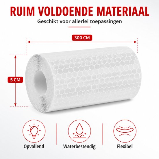 Witte reflecterende tape rol, 300 cm lang, 5 cm breed. Opvallend, waterbestendig en flexibel.