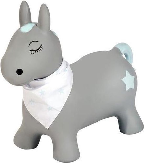 Grijze skippy pony met een wit bandana met blauwe sterren, witte oortjes en een blauwe staart. Met een blauwe ster op de flank.