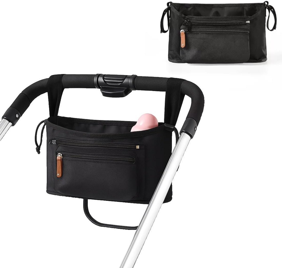 Kinderwagen Organizer - Buggy Tas - Onderweg Spullen - Afneembare Portemonnee - 18 cm Breed - Zwart